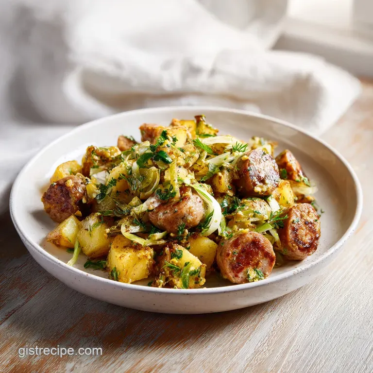 Plated sausage and potato hash topped with a fried egg. The yolk oozes over the crispy potatoes and savory sausage.