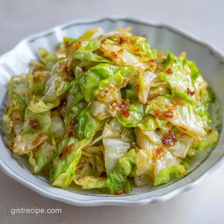Pale green cabbage ribbons piled high on a white ceramic plate, drizzled with oil and topped with toasted garlic bits.