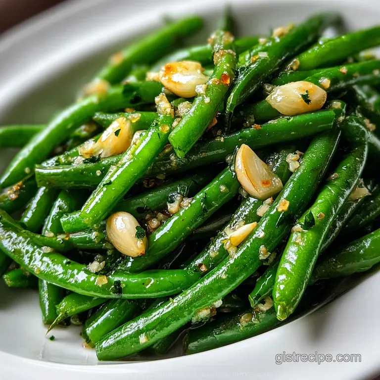 A swirl of vibrant green beans elegantly mounded on a white plate, flecked with toasted garlic and a sprinkle of sea salt.