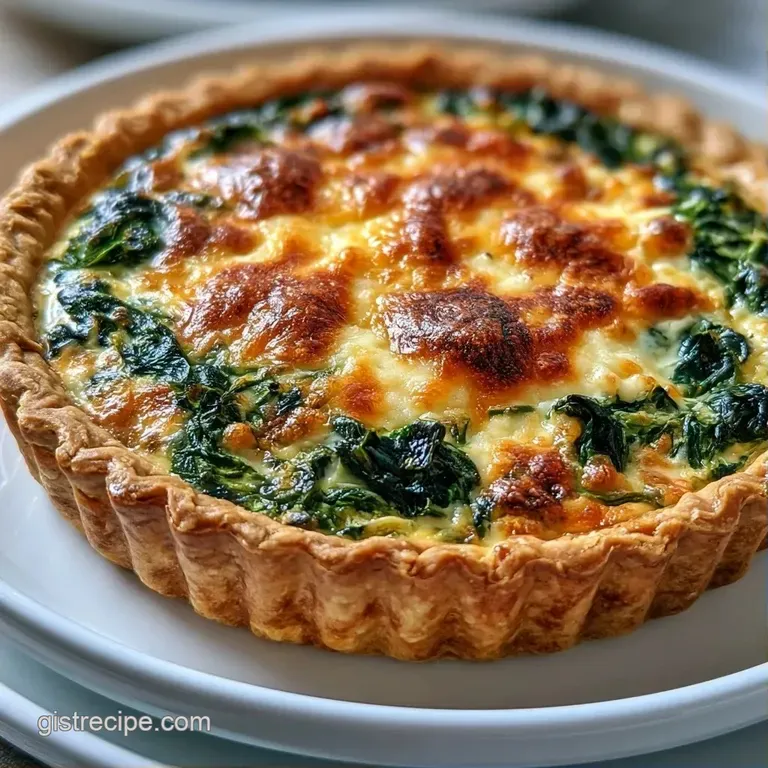 A slice of savory custard tart with wilted greens on a white ceramic plate next to a crisp, fresh garden salad.