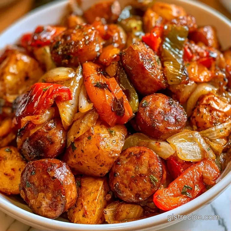 Seared sausage rounds and vibrant bell pepper strips neatly arranged on a white ceramic plate with fresh parsley.