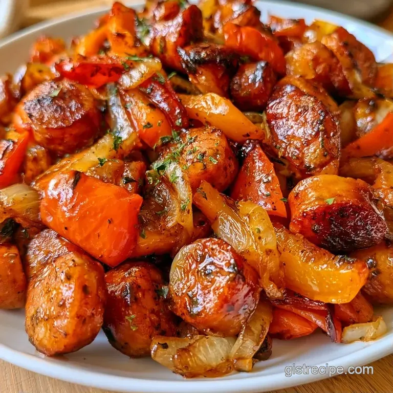 Colorful saut&eacute;ed pepper strips and browned sausage coins arranged neatly on a white ceramic plate with fresh parsley.