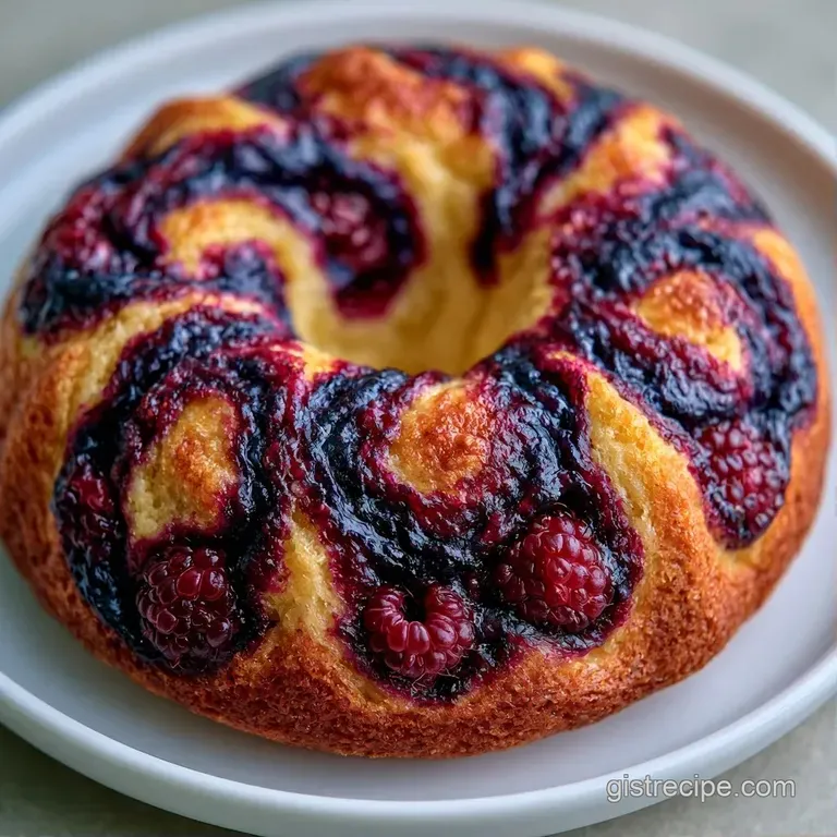 A thick slice of golden cake topped with a glossy berry glaze and fresh, plump raspberries on a white ceramic plate.