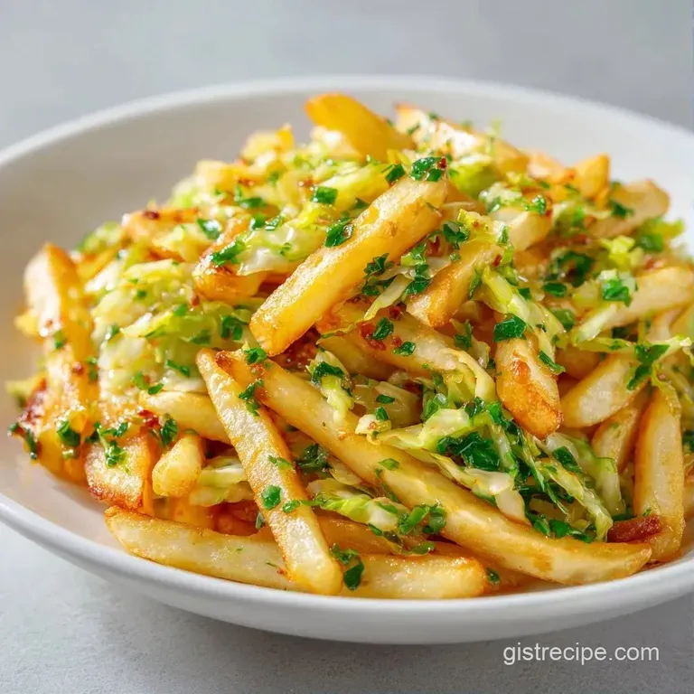 Saut&eacute;ed golden potato chunks and softened cabbage served in a white ceramic bowl with a sprinkle of fresh parsley.