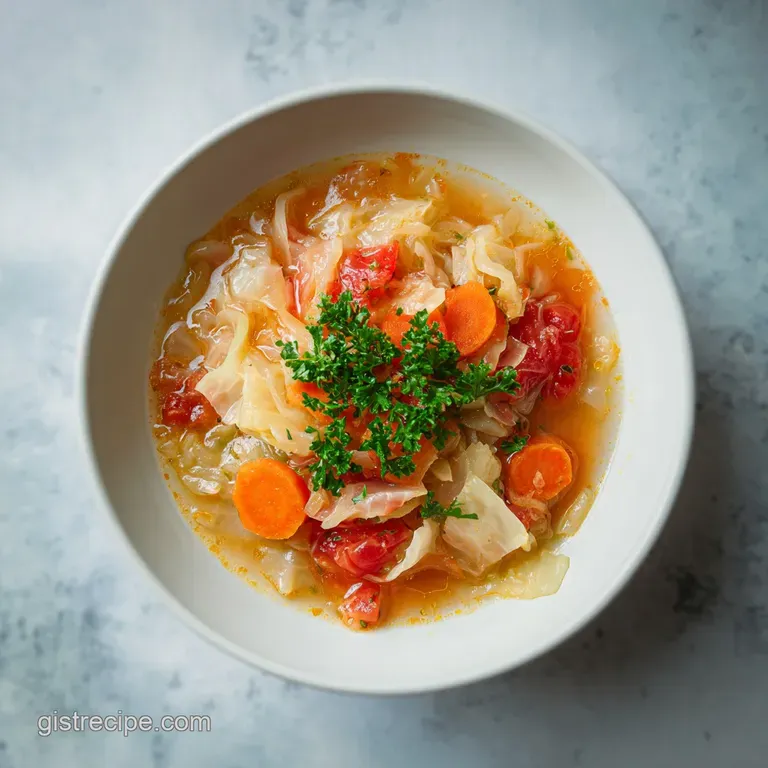 Warm and inviting bowl of cabbage soup, garnished with fresh parsley and a swirl of cream, ready to be savored.