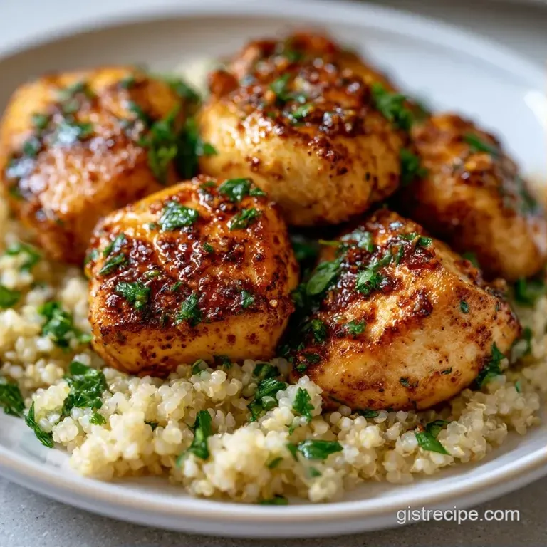 A ceramic bowl filled with pale quinoa, topped with grilled chicken strips and a drizzle of creamy lemon dressing.