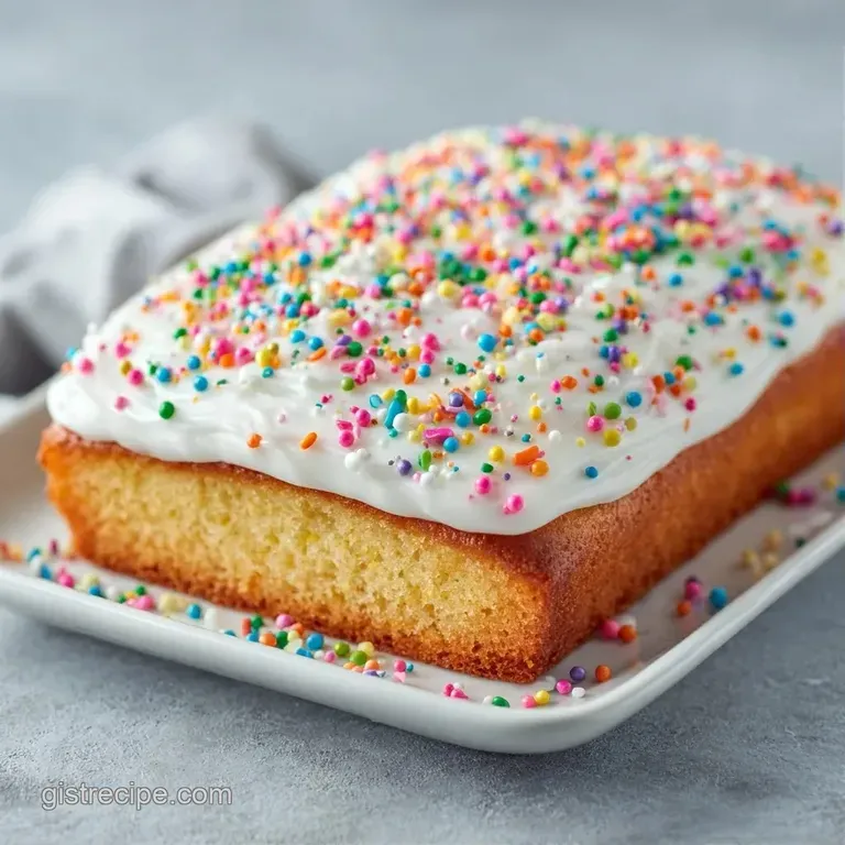 A single slice of fluffy vanilla cake with thick white icing on a clean white plate beside a silver dessert fork.