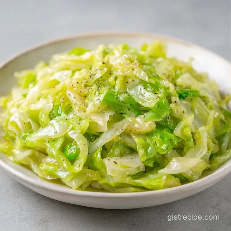Softly saut&eacute;ed green cabbage piled high on a white plate, garnished with cracked black pepper and fresh parsley.