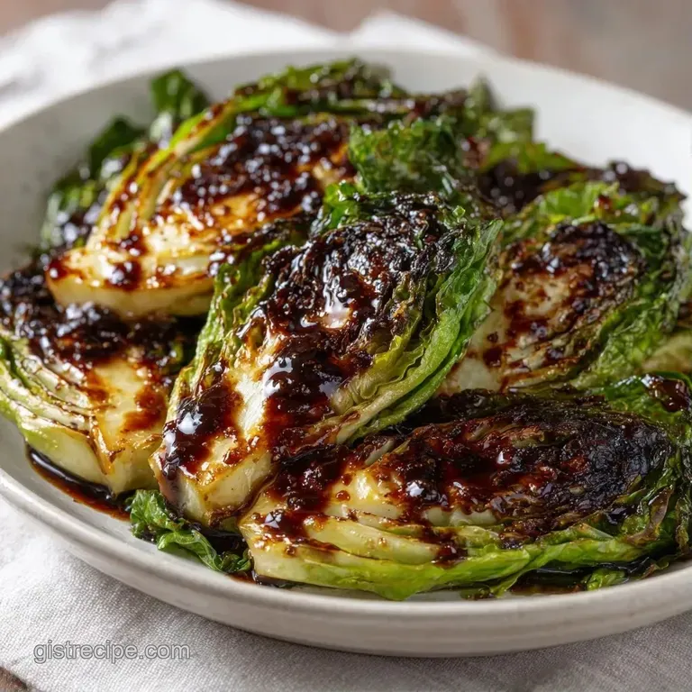 Charred cabbage hearts plated on a matte white ceramic dish, drizzled with oil and sprinkled with fresh herbs.
