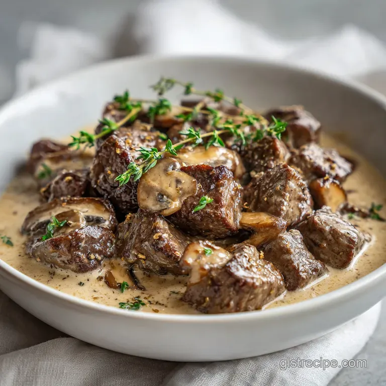 Elegant white bowl filled with golden noodles and a rich, creamy brown sauce topped with fresh green parsley.