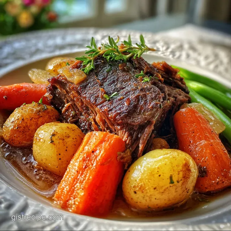 Plated pot roast: fork-tender beef, glazed carrots, and browned potatoes drizzled with shimmering pan gravy, garnished wit...