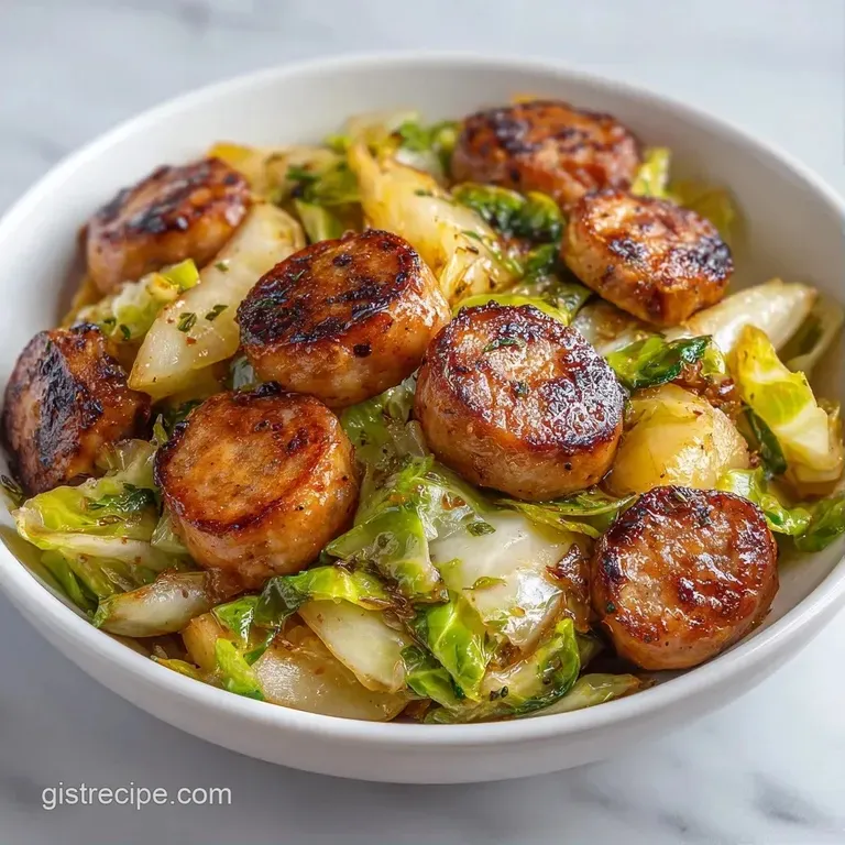 A rustic cast iron skillet filled with golden potatoes and wilted cabbage topped with crispy, browned bacon bits.