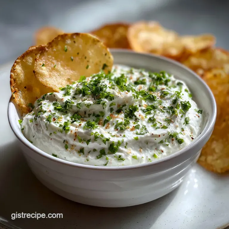 Elegant bowl of rich sour cream and onion dip, garnished with vibrant green chives. A spoon hints at its smooth, thick tex...