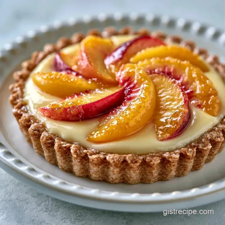 A single slice of creamy peach tart on a white ceramic plate, garnished with a fresh mint leaf and powdered sugar.