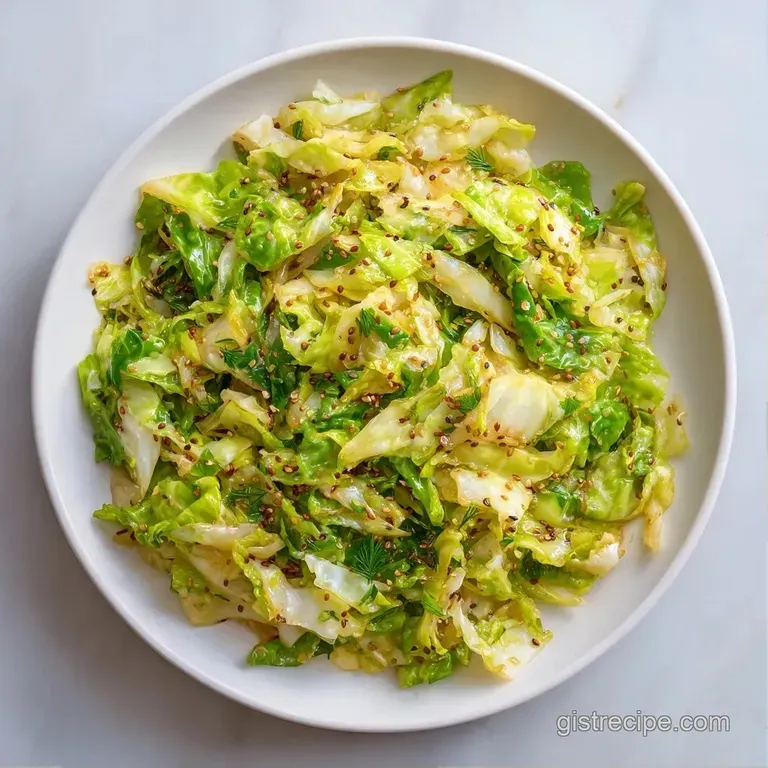 A white ceramic bowl filled with golden saut&eacute;ed cabbage, garnished with fresh herbs and served beside warm naan.