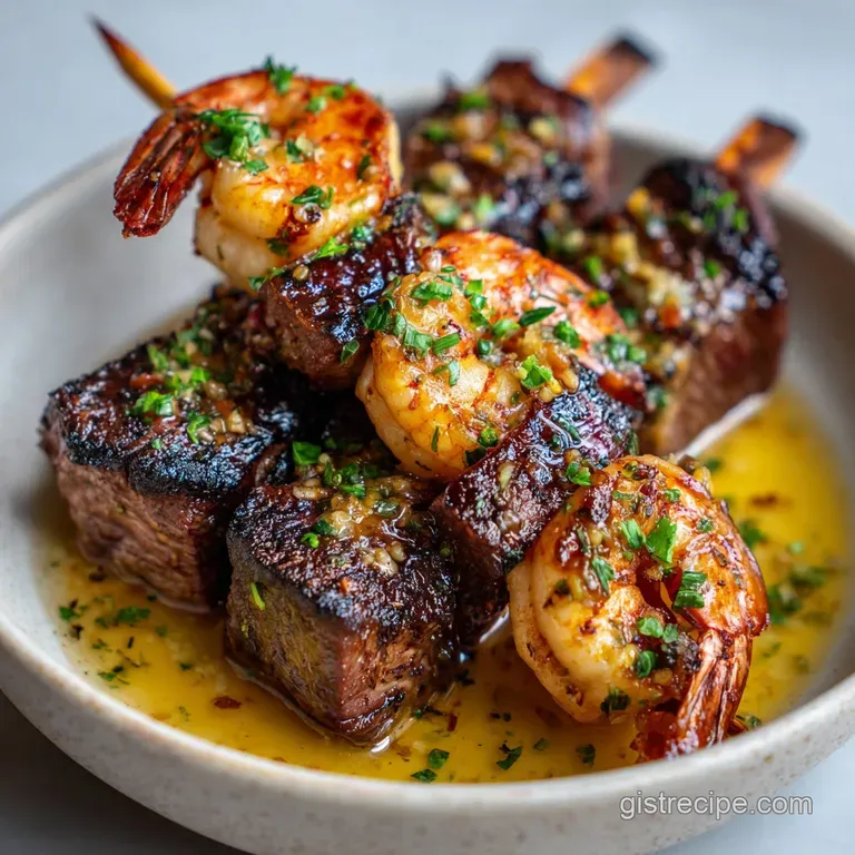 Steak and Shrimp Skewers with Garlic: Charred and Smoky