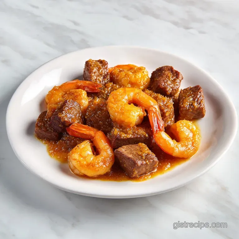Platter of juicy brown beef cubes and plump pink shrimp garnished with fresh herbs on a rustic wooden tabletop.