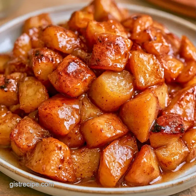 Golden apple slices in a white ceramic bowl topped with a melting scoop of vanilla ice cream and cinnamon.