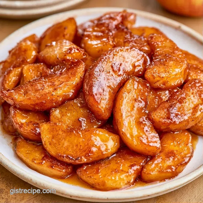 Sliced golden-brown apples arranged neatly on a white plate, drizzled with amber syrup and a mint leaf garnish.