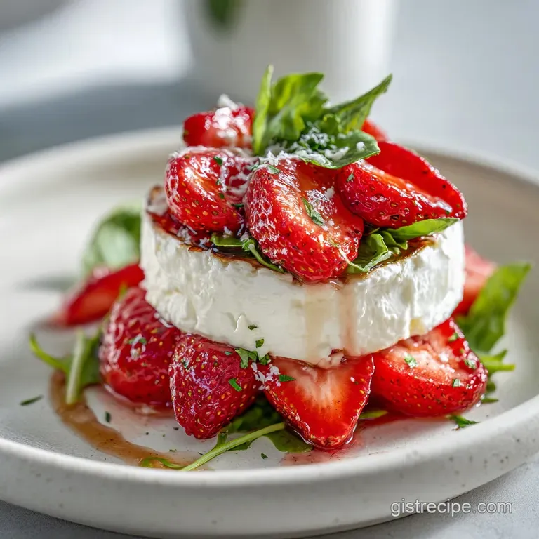 A generous mound of ruby strawberries and crumbled feta artfully arranged on crisp spinach.