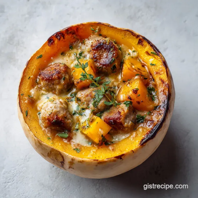 Elegant plate featuring a vibrant stuffed butternut squash half, garnished with fresh herbs and a drizzle of sauce.