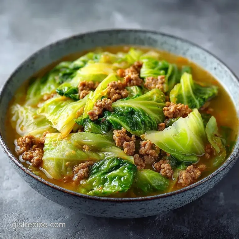 A white ceramic bowl filled with tender cabbage rolls in a deep red broth, garnished with a sprig of fresh parsley.