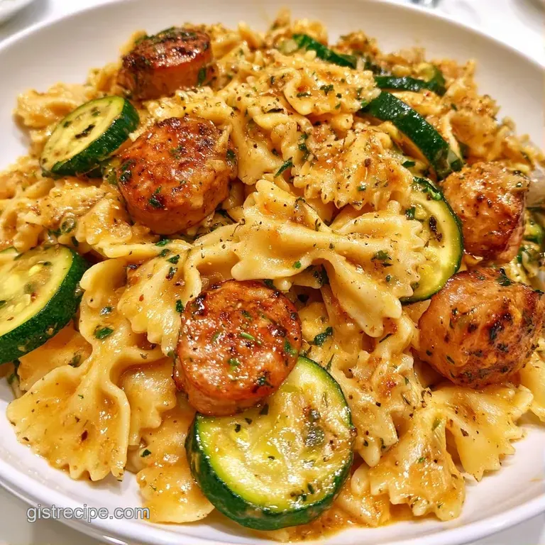 Creamy pasta and browned sausage slices served in a white ceramic dish with a fresh sprinkle of chopped herbs.