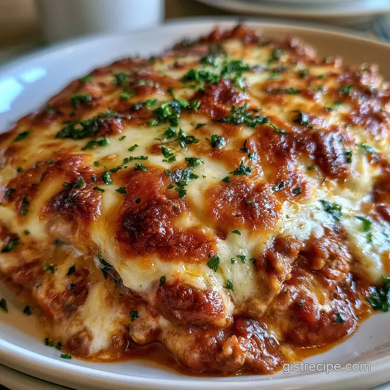 Perfectly squared layered pasta with toasted cheese crust and a fresh basil leaf on a clean white porcelain plate.