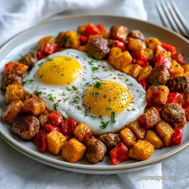 A rustic cast iron skillet filled with caramelized orange root vegetables and browned meat topped with fresh parsley.