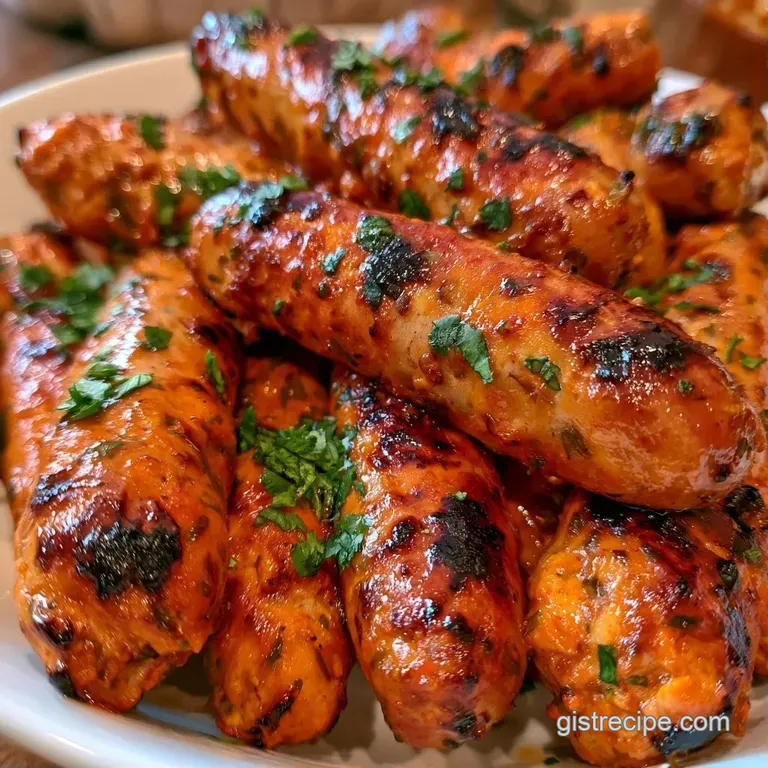 Reddish-orange grilled sausages arranged on a dark slate board with a swirl of green mint chutney and fresh herbs.