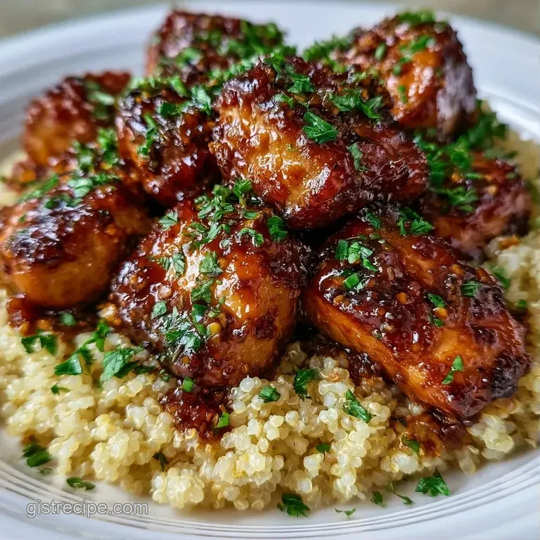 A ceramic bowl filled with golden glazed chicken, white quinoa, and vibrant orange carrots topped with sesame seeds.