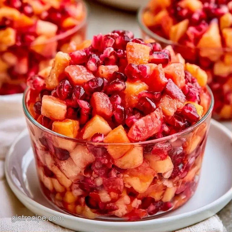 Small glass cups filled with vibrant autumn fruits arranged on a white platter with a sprig of fresh green mint.