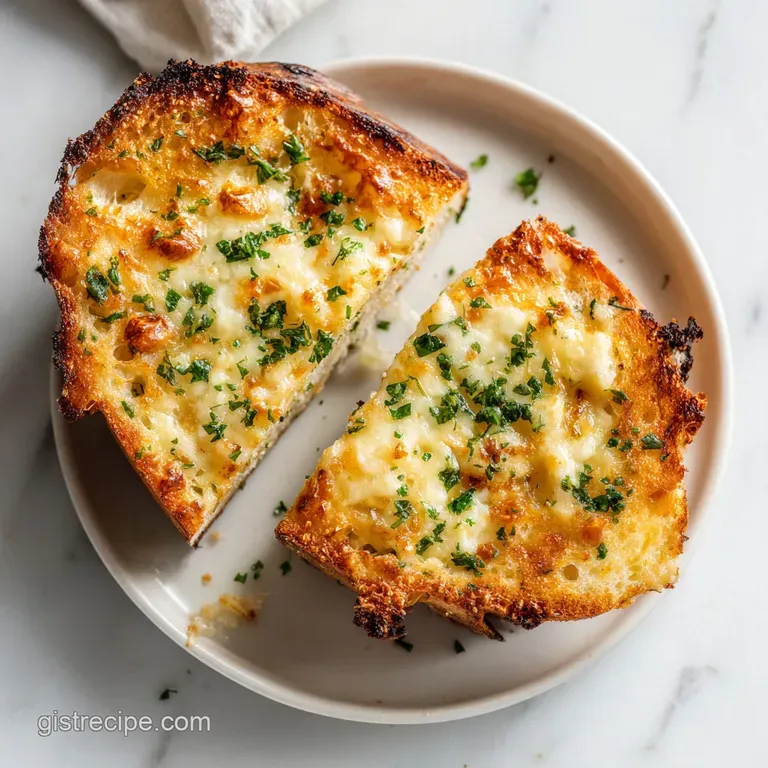 A stack of warm, golden garlic bread slices, glistening with butter, artfully arranged on a rustic wooden board.
