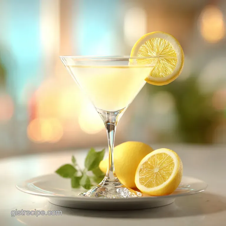 An elegant martini glass, filled with vibrant, pale lemon liquid, adorned with a sugared rim and a lemon twist.