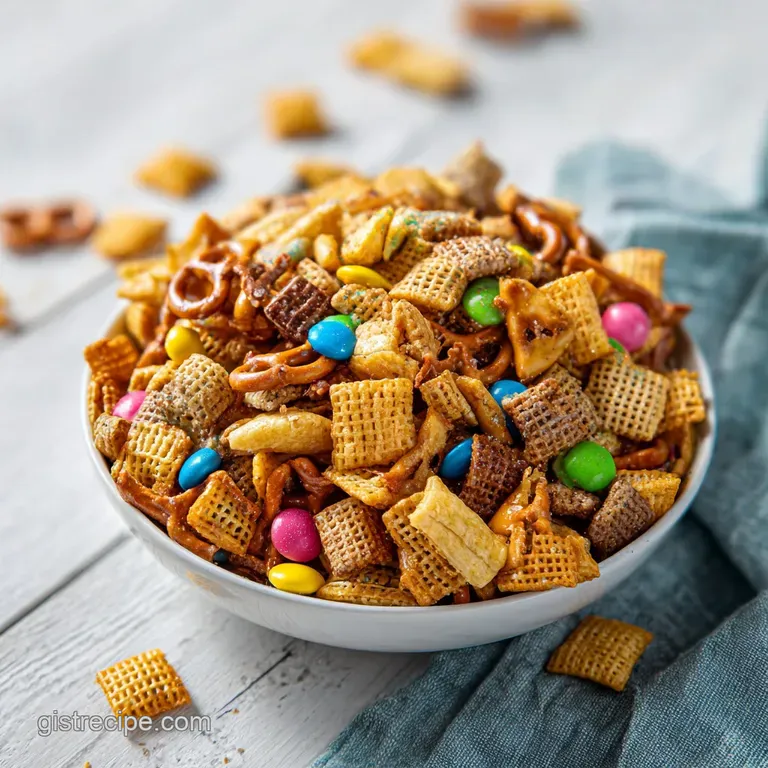 A rustic wooden bowl overflowing with shimmering toffee-coated cereal mix, a tempting cascade.