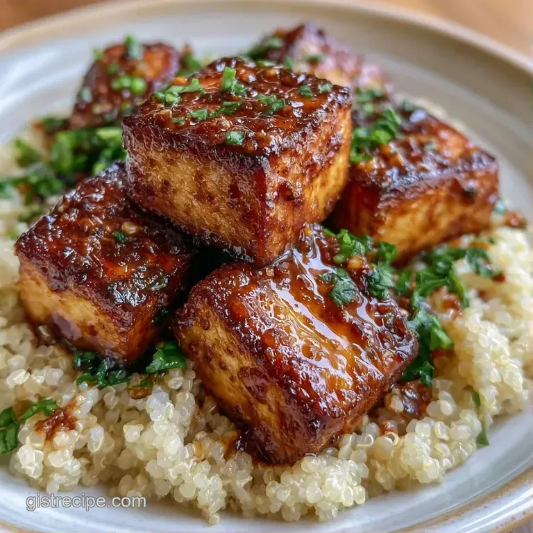 An overhead shot of a white bowl filled with golden tofu, white quinoa, and vibrant greens on a light wood surface.