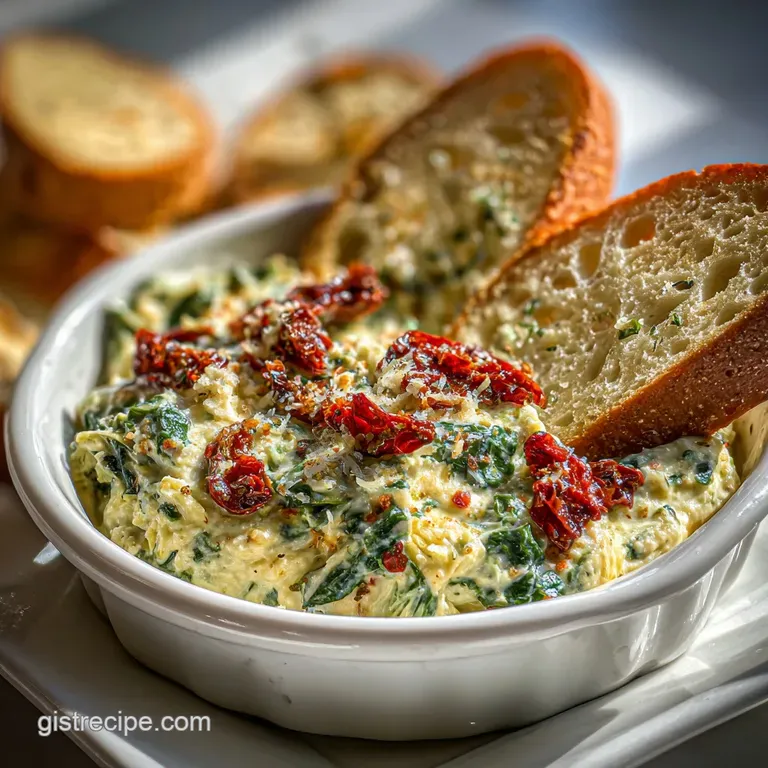 Creamy, golden dip in a white bowl, garnished with fresh basil. Served with toasted baguette slices on a wooden board.