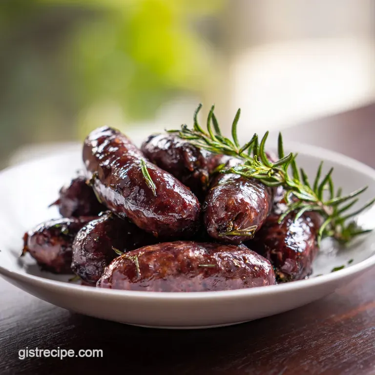 Elegant plate of sliced dark blood sausage over creamy pearl barley, garnished with fresh thyme sprigs.