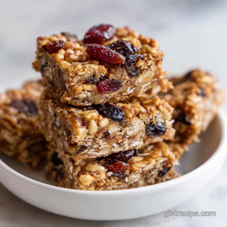 A stack of rustic granola bars tied with twine on a wooden board, next to a small bowl of mixed nuts and dried cranberries.