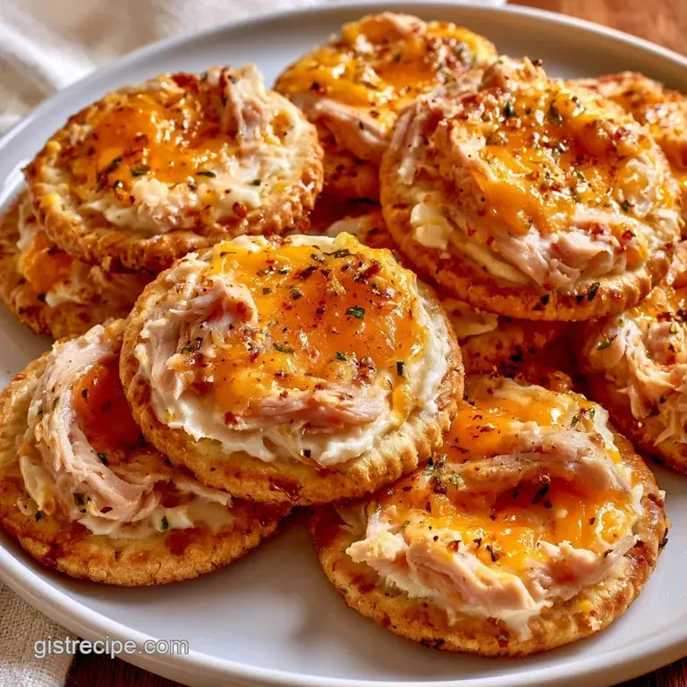 Neatly arranged toasted crackers topped with folded turkey and bubbling gold cheese on a dark slate platter.