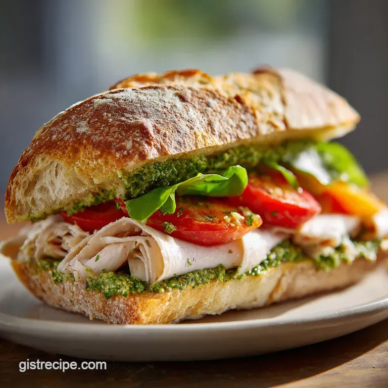 Turkey pesto sandwich on a rustic wooden board. Garnished with vibrant greens, offering a tempting, fresh lunch option.