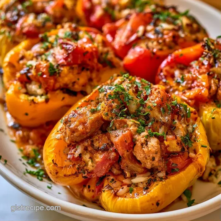 Two bright green roasted peppers filled with savory grains and melted cheese, served on a matte white ceramic plate.