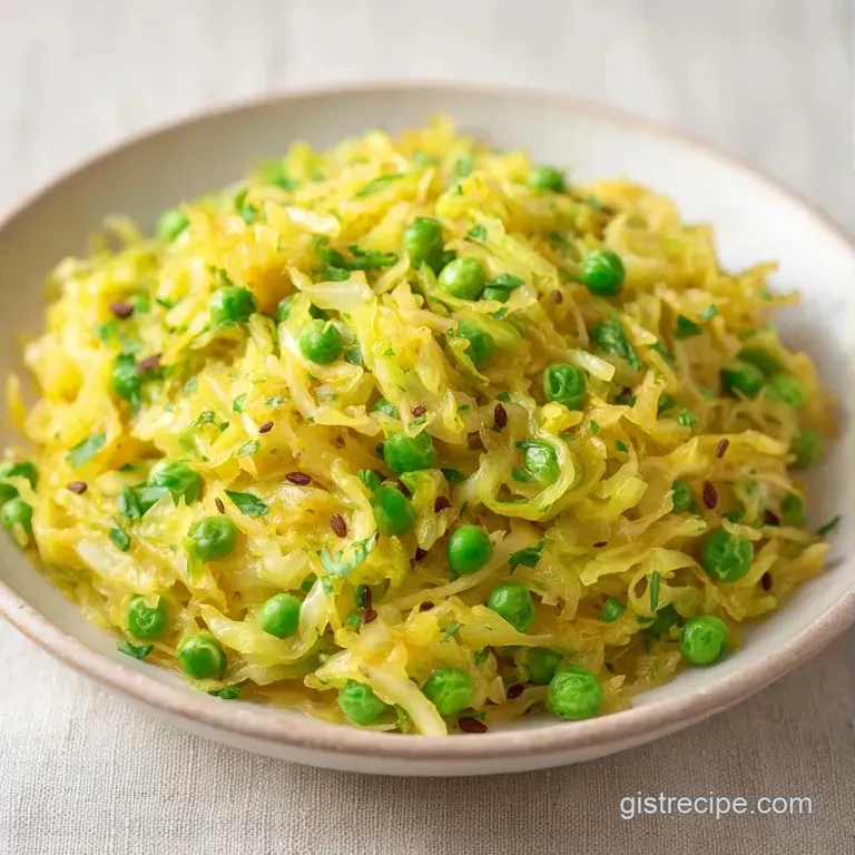 Golden saut&eacute;ed cabbage and bright green peas served in a white porcelain dish, garnished with fresh green herbs.