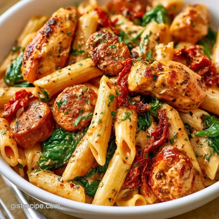 A white ceramic bowl filled with pasta, bright red sun-dried tomatoes, and green spinach topped with grated parmesan.
