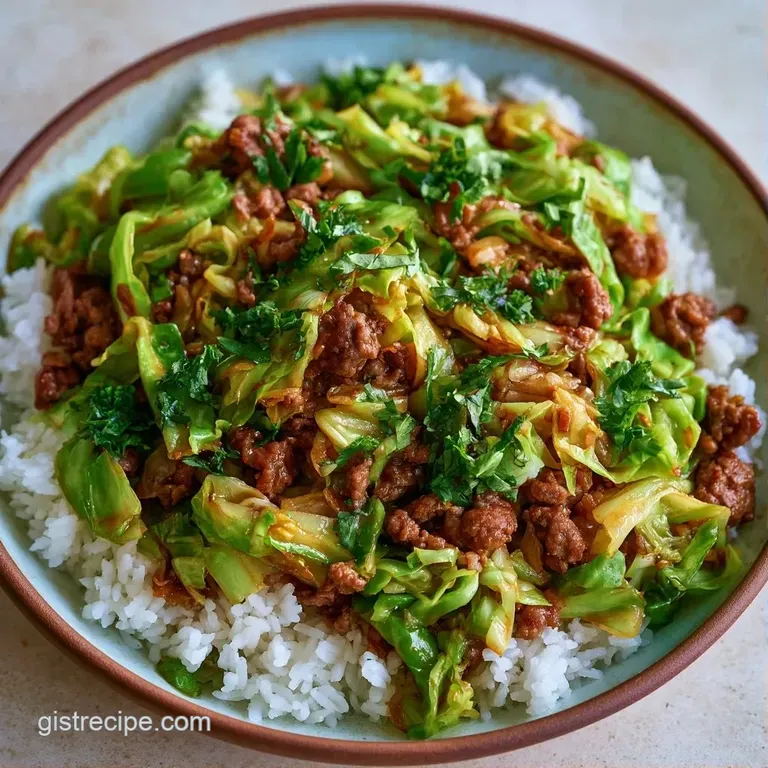 Savory beef and translucent cabbage simmered in tomato sauce, served in a white bowl with a sprig of fresh parsley.