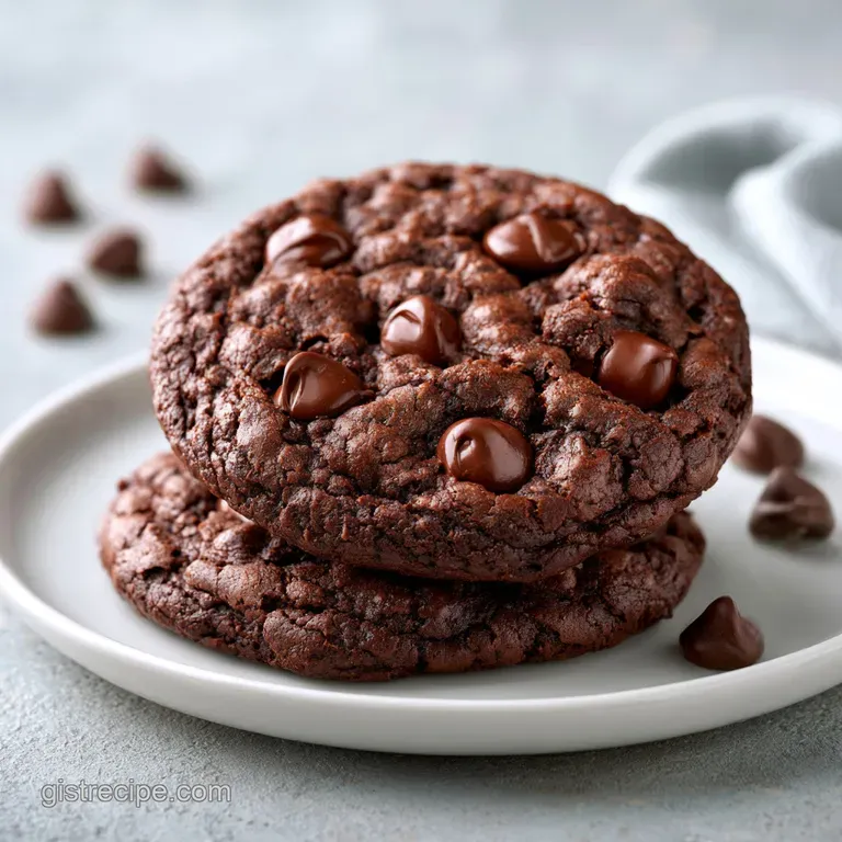 A stack of rich chocolate cookies on a white ceramic plate, garnished with flakes of sea salt and a fresh raspberry.