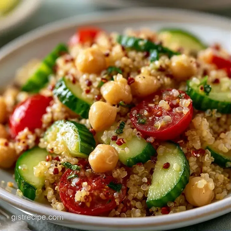Elegant white bowl filled with colorful Mediterranean vegetables, fluffy quinoa, and crumbled vegan feta cheese.