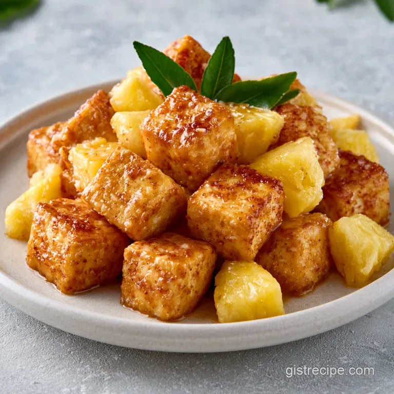 Vibrant stir-fry of glazed tofu and pineapple served in a ceramic bowl, topped with toasted sesame seeds and herbs.