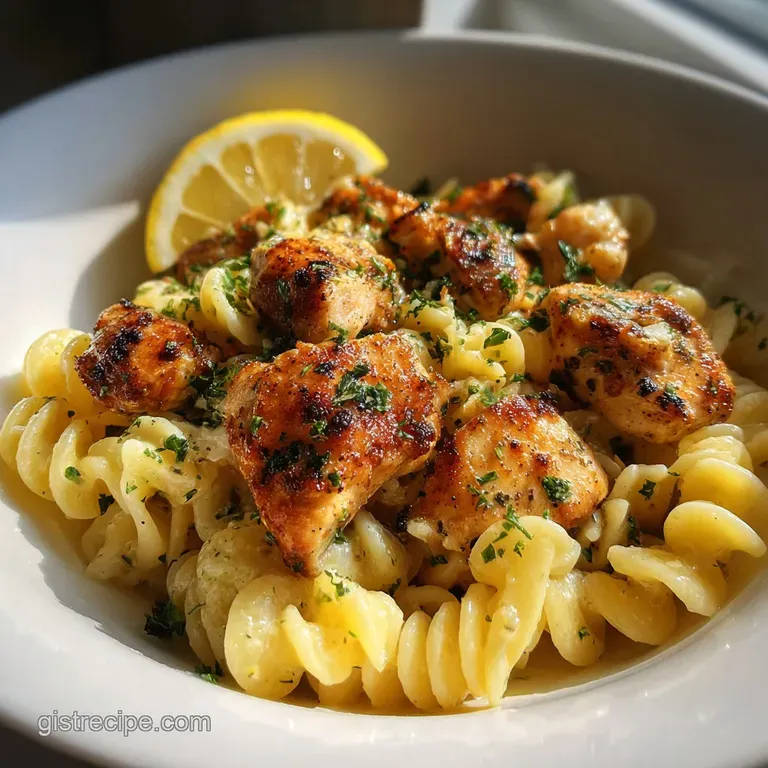 Elegant plate of chicken pasta with a sprinkle of herbs and a drizzle of olive oil on a white plate, ready to be eaten.